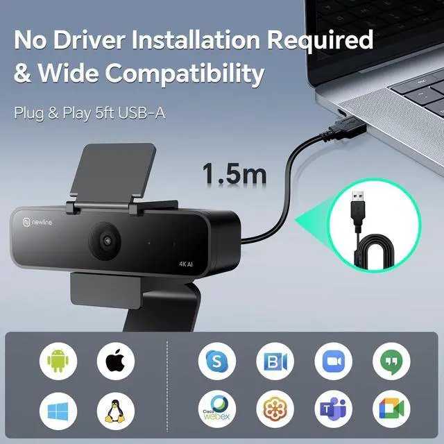 Alt view image 5 of 5 - N newline 4K Webcam for PC, USB Webcam with Microphone w/ 3 AI Modes, Gesture Control, Auto Focus, 95deg Wide Angle, PC Webcam with Zoom for Video Call, Meeting, Gaming