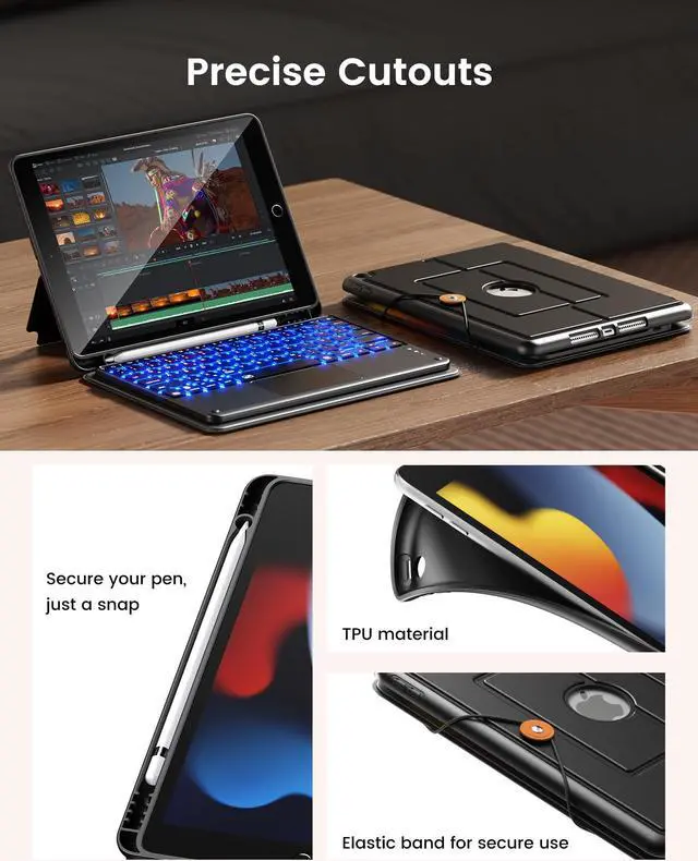 Alt view image 5 of 5 - INFILAND Keyboard Case for iPad 9th/8th/7th Generation (10.2 Inch), 7-Color Backlight & High Precision Trackpad, Slim and Portable Detachable Folder Style Keyboard Case with Pencil Holder,Black