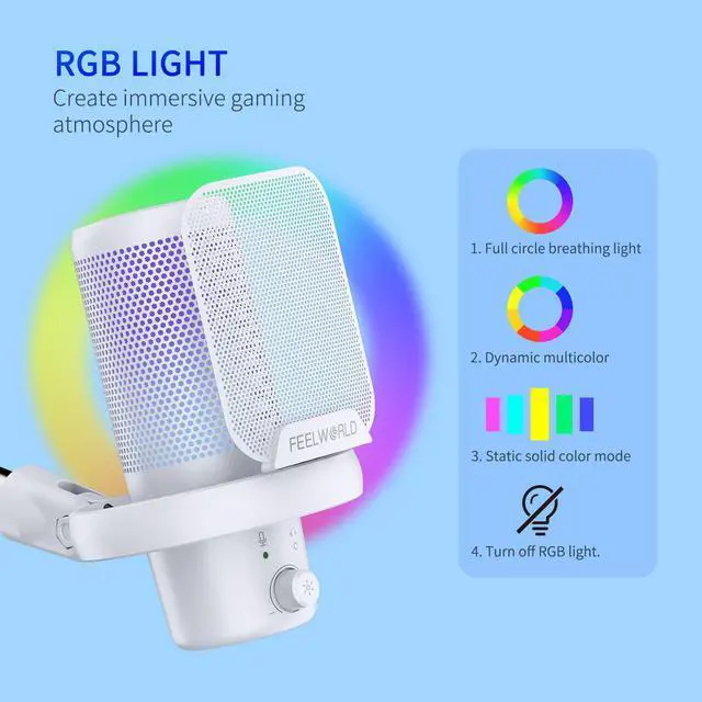 Alt view image 4 of 5 - FEELWORLD VM1 White Gaming PC USB Microphone Condenser Mic with Noise Cancellation Mute RGB Light, Computer Accessories for Gamer YouTube Twitch Podcast Streaming Recording Online Chat PS4 PS5