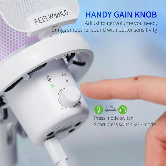 Alt view image 3 of 5 - FEELWORLD VM1 White Gaming PC USB Microphone Condenser Mic with Noise Cancellation Mute RGB Light, Computer Accessories for Gamer YouTube Twitch Podcast Streaming Recording Online Chat PS4 PS5