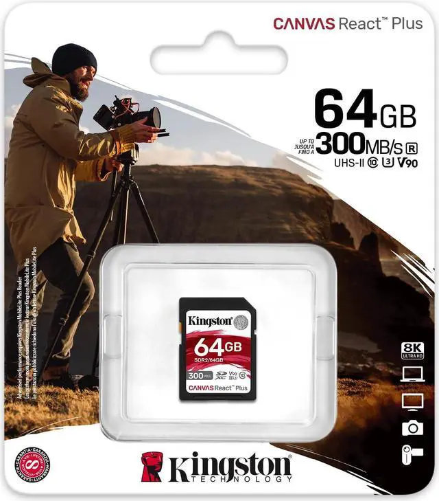Alt view image 3 of 5 - Kingston Canvas React Plus 64GB SD Card | SDXC UHS-II | 300R/260W U3 V90 | Full HD/4K/8K | SDR2/64GB