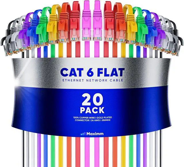 Main image of Cat6 Ethernet Cable 10ft, 20-Pack Multicolor - Flat High-Speed Network Cables for Gaming, Streaming, Router, Modem, PC, PS5, Xbox - Durable & Space-Saving Design