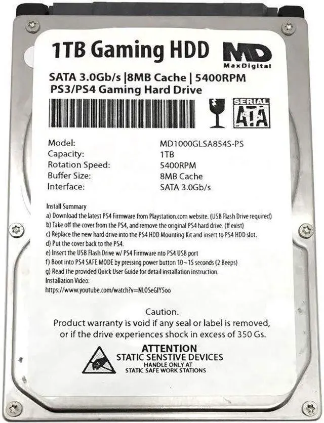 Main image of MaxDigitalData (MD1000GLSA854-PS) 1TB 5400RPM 8MB Cache (9.5mm) SATA 3.0Gb/s 2.5" Gaming Hard Drive (for PS3/PS4) - 2 Year Warranty