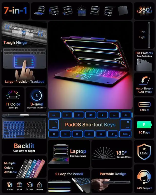 Alt view image 3 of 5 - typecase Touch Case with Keyboard for iPad Pro 13-inch(M4, 2024), iPad Air 13-inch(M3, 2025/M2, 2024) & iPad Pro 12.9(6th/5th/4th/3rd Gen), Trackpad, 360deg Rotatable, 11-Colors Backlit, Midnight Gray