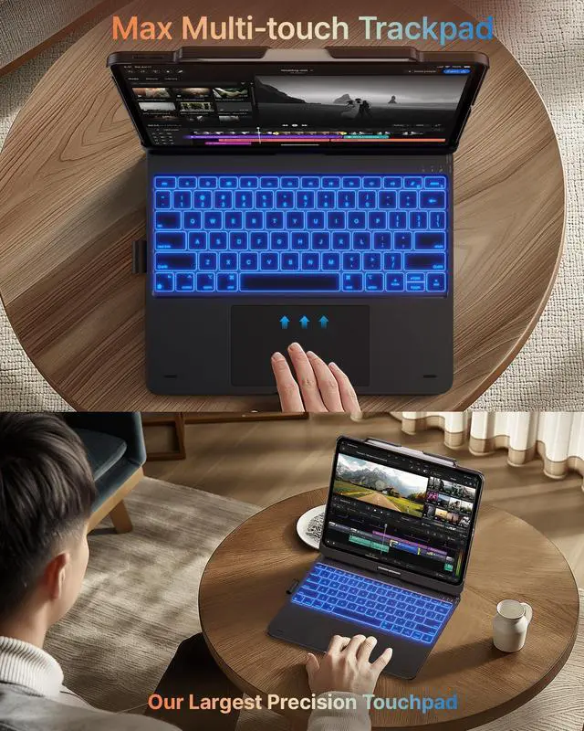 Alt view image 4 of 5 - typecase Touch Case with Keyboard for iPad Pro 13-inch(M4, 2024), iPad Air 13-inch(M3, 2025/M2, 2024) & iPad Pro 12.9(6th/5th/4th/3rd Gen), Trackpad, 360deg Rotatable, 11-Colors Backlit, Midnight Gray