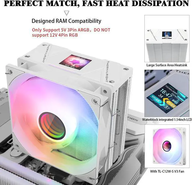 Alt view image 5 of 5 - Thermalright Assassin Spirit 120 Vision ARGB White CPU Cooler, Computer Heatsink Cooler 4 Heat Pipes,PC Display Screen CPU Cooling with 1.54in,240*240 Resolving Power,for AM4/AM5 and LGA1700/1851/115X
