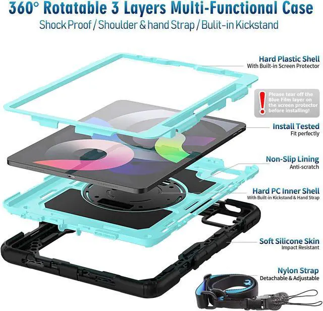 Alt view image 3 of 5 - Timecity Case for iPad Air 4/5 10.9 inch 2020/2022, for iPad Air 4th/5th Generation Case with Screen Protector/Swivel Kickstand/Hand Strap/Pencil Holder Cover for iPad Air 10.9'', Light Blue