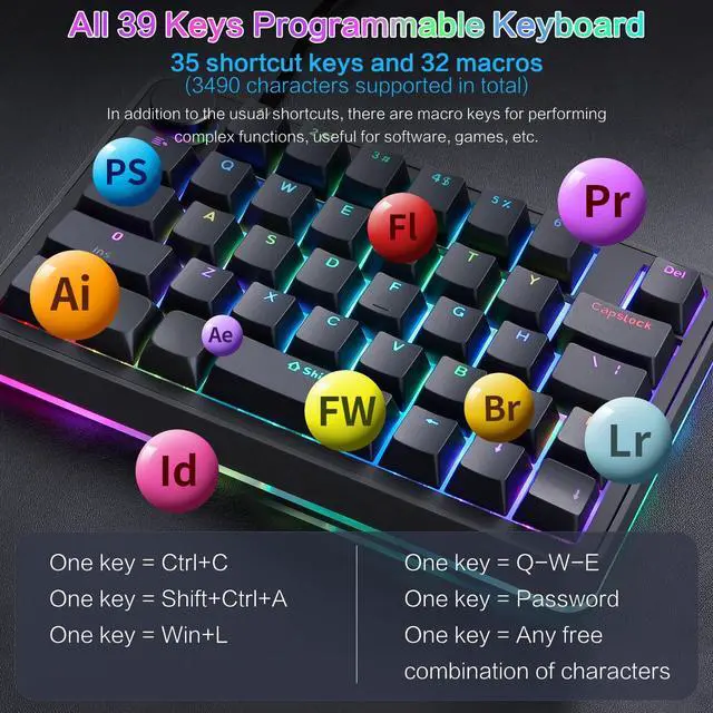Alt view image 2 of 5 - Koolertron Single-Handed Macro Mechanical Keyboard, RGB LED Backlit Portable Mini One-Handed Mechanical Gaming Keypad 39 Fully Programmable Keys (39 Keyboard Black)