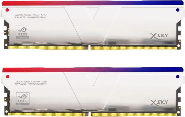 Main image of V-Color DDR5 XSky ROG Certified 32GB(16GBx2) 6600MHz 2Gx8 CL32-39-39-102 1.4V SK Hynix IC RGB Gaming Desktop Upgrade RAM Memory Module - Silver (RTMXSL1666832SWK)
