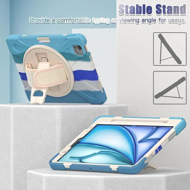 Alt view image 3 of 5 - Batianda Case for iPad Air 13 inch 2025 2024 M3/M2 Chip Heavy Duty Rugged Durability Silicone Tablet Cover with 360deg Rotating Hand Strap Foldable Hidden Stand & Shoulder Strap, Colorful Blue