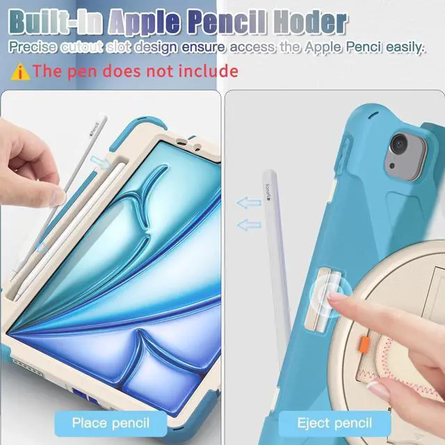 Alt view image 5 of 5 - Batianda Case for iPad Air 13 inch 2025 2024 M3/M2 Chip Heavy Duty Rugged Durability Silicone Tablet Cover with 360deg Rotating Hand Strap Foldable Hidden Stand & Shoulder Strap, Colorful Blue