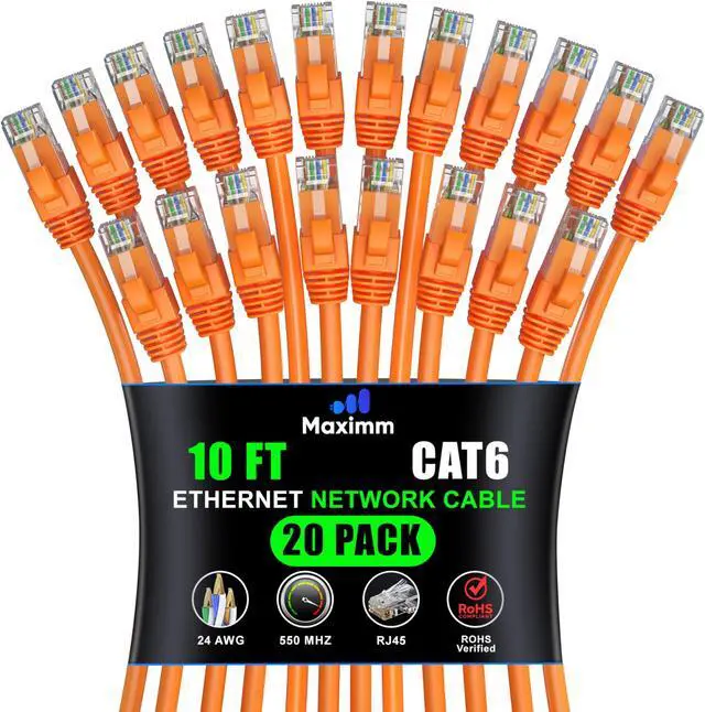 Main image of Maximm Cat 6 Ethernet Cable 10 ft (20-Pack) - High-Speed LAN Cable, Internet Cable, Patch Cable, and Network Cable - UTP, 10Gbps, 550MHz Ethernet Cord - Orange