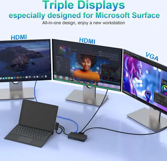 Alt view image 2 of 5 - Microsoft Surface Dock Triple Displays Dual HDMI+VGA with Power Adapter,12 in 1 Surface Docking Station for Microsoft Surface Pro 11/10/9/8/X/7/6/5/4/3,Surface Laptop 7/6/5/4/3/2/1,Surface Book USB
