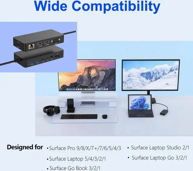 Alt view image 5 of 5 - Microsoft Surface Dock Triple Displays Dual HDMI+VGA with Power Adapter,12 in 1 Surface Docking Station for Microsoft Surface Pro 11/10/9/8/X/7/6/5/4/3,Surface Laptop 7/6/5/4/3/2/1,Surface Book USB
