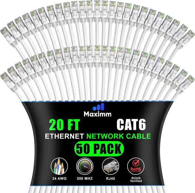 Main image of Maximm Cat 6 Ethernet Cable 20 ft (50-Pack) - High-Speed LAN Cable, Internet Cable, Patch Cable, and Network Cable - UTP, 10Gbps, 550MHz Ethernet Cord - White