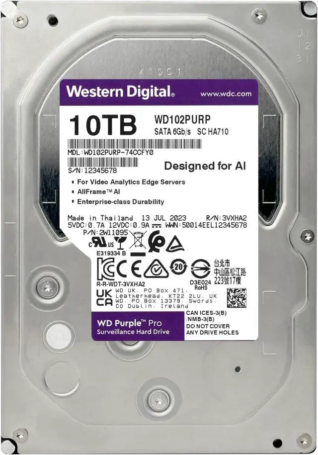 Alt view image 3 of 3 - Western Digital 10TB WD Purple Pro Surveillance Internal Hard Drive HDD - SATA 6 Gb/s, 512 MB Cache, 3.5" - WD102PURP
