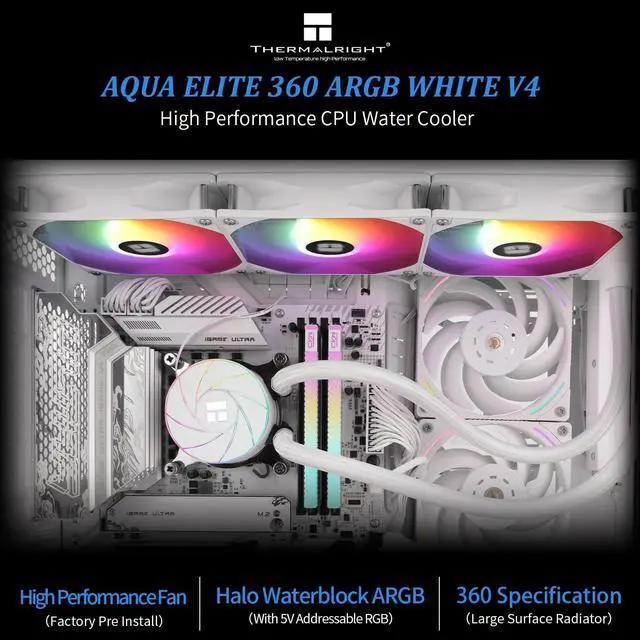 Alt view image 2 of 5 - Thermalright Aqua Elite 360 White ARGB V4 Liquid CPU Cooler, 360 AIO Cooling Row Size, 3x120mm PWM Fans with S-FDB Bearings,for AMD/AM4/AM5, Intel LGA1150/1151/1155/1156/1200/2011/1700/1851
