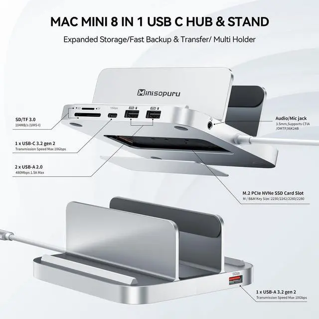 Alt view image 3 of 5 - Minisopuru Mac Mini Dock & Stand with M.2 NVMe SSD Enclosure, Upgrade 8 in 1 Mac Mini hub Support 10Gbps USB C/A, TF& SD, Audio Jack, Mac Mini Accessories for Mac Mini M2/M1 (Not for Mac Mini M4)