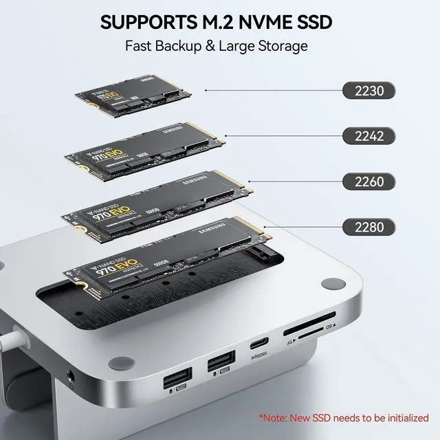 Alt view image 2 of 5 - Minisopuru Mac Mini Dock & Stand with M.2 NVMe SSD Enclosure, Upgrade 8 in 1 Mac Mini hub Support 10Gbps USB C/A, TF& SD, Audio Jack, Mac Mini Accessories for Mac Mini M2/M1 (Not for Mac Mini M4)