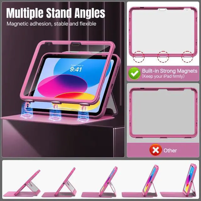 Alt view image 4 of 5 - MoKo for iPad 11-inch (A16) 11th Generation Case 2025/ iPad 10th Generation Case with Pencil Holder 2022 10.9 inch, Built-in Screen Protector Clear Back, Multi Angle Viewing Stand, Magenta