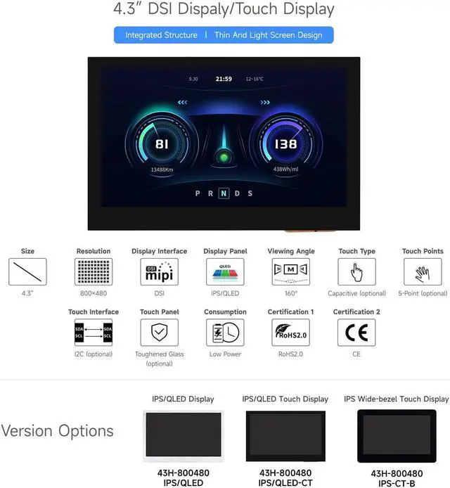 Alt view image 3 of 5 - waveshare 4.3inch DSI Display, 800 x 480 Resolution, IPS Panel, Compatible with Raspberry Pi 4B/3B+/3A+/3B/2B/B+/A+/CM3/3+/4-IPS Wide-Bezel Touch Display