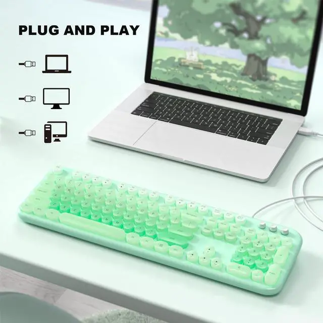 Alt view image 2 of 5 - Wired Keyboard with Backlit, Light Up Computer Keyboards with Multimedia Keys, Full Size Wired Keyboard With Illuminated LED, Plug and Play, Anti-Wear Letters for Laptop, Desktop- Green Colorful