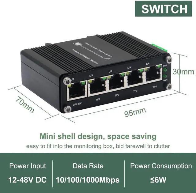 Alt view image 2 of 5 - Mini 5-Port Gigabit Ethernet Switch - Industrial-Grade Unmanaged Network Switch with 12-48VDC Power Input, Din-Rail or Wall Mount,Fast Connection,Plug and Play, Rugged Metal Case