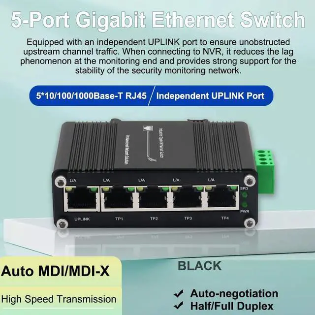 Alt view image 3 of 5 - Mini 5-Port Gigabit Ethernet Switch - Industrial-Grade Unmanaged Network Switch with 12-48VDC Power Input, Din-Rail or Wall Mount,Fast Connection,Plug and Play, Rugged Metal Case