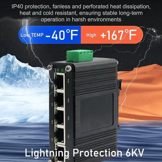 Alt view image 4 of 5 - Mini 5-Port Gigabit Ethernet Switch - Industrial-Grade Unmanaged Network Switch with 12-48VDC Power Input, Din-Rail or Wall Mount,Fast Connection,Plug and Play, Rugged Metal Case