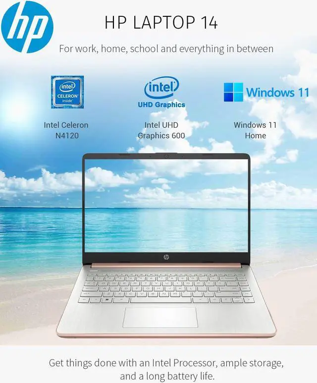 Alt view image 2 of 5 - HP 14 inch Laptop Computer,Thin Lightweight 14 Laptop College Student,Intel Notebook Computer PC,8GB RAM 64GB eMMC+128GB SD Card,Windows 11 Laptop Microsoft Office 1Y,Camera,Long BatteryLife,Rose Gold