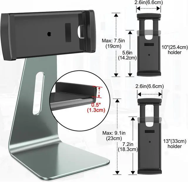 Alt view image 5 of 5 - AboveTEK Elegant Tablet Stand, Aluminum Stand Holder for 7-13 inch Tablets, Desktop Kiosk POS Stand Compatible w/iPad Pro Air Mini, Galaxy Tab, Tablet Mount for Store Office Reception Kitchen (Gray)