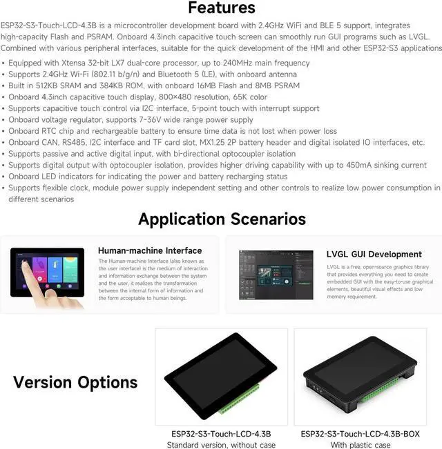 Alt view image 4 of 5 - Waveshare ESP32-S3 4.3inch Capacitive Touch Display Development Board B, 800x480 Resolution, 5-Point Touch, 32-Bit LX7 Dual-Core Processor, 240MHz Frequency, with Onboard Antenna and Plastic Case