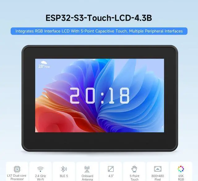 Alt view image 3 of 5 - Waveshare ESP32-S3 4.3inch Capacitive Touch Display Development Board B, 800x480 Resolution, 5-Point Touch, 32-Bit LX7 Dual-Core Processor, 240MHz Frequency, with Onboard Antenna and Plastic Case