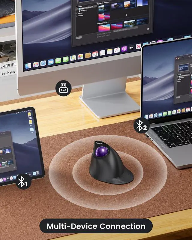 Alt view image 4 of 5 - ProtoArc Vertical Wireless Trackball, EM05 NL Bluetooth Ergonomic Rollerball, Rechargeable Computer Laptop Thumb Mouse, 3 Device Connection, Compatible with iPad, Mac, Windows, PC - Purple