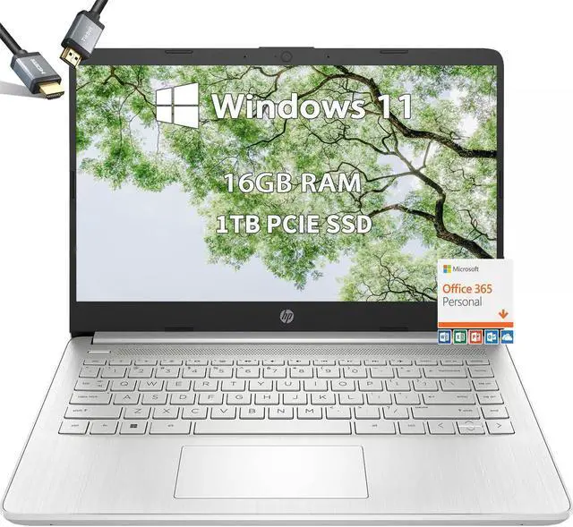 Main image of HP-14 inch Laptop-Microsoft Office 365 - School Student Laptop - Windows 11 - Quad-core Intel Processor - USB C - Long Battery Life - Ultralight - Mini - HDMI Cable (16GB RAM |1TB PCIE SSD)