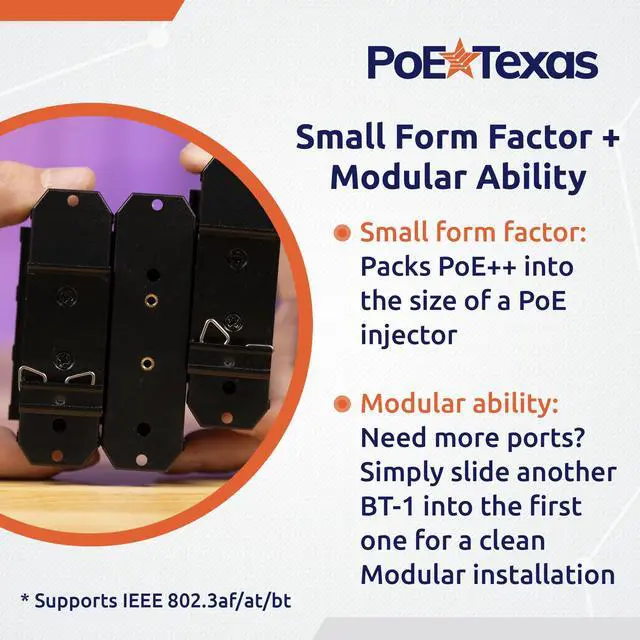 Alt view image 3 of 5 - PoE Texas Single Port 2.5 Gigabit PoE++ Injector with 90W Per Port, Up to 328 Ft - 10/100/1000/2500Mbps Wall Mount or DIN Rail Mount 802.3af/at/bt PoE Injector - Includes 56 Volt 120 Watt Power Supply