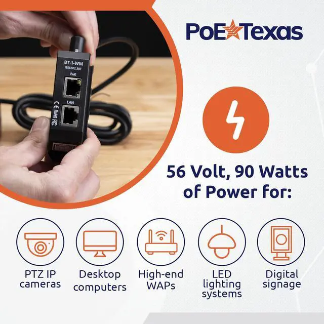 Alt view image 4 of 5 - PoE Texas Single Port 2.5 Gigabit PoE++ Injector with 90W Per Port, Up to 328 Ft - 10/100/1000/2500Mbps Wall Mount or DIN Rail Mount 802.3af/at/bt PoE Injector - Includes 56 Volt 120 Watt Power Supply