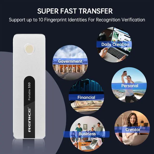 Alt view image 3 of 5 - RENICE 512GB External SSD-Up to 1000MB/s,USB 3.2 Gen2 External Solid State Drive -Fingerprint encryption Portable SSD-for Mac Android TabletSmartPhone