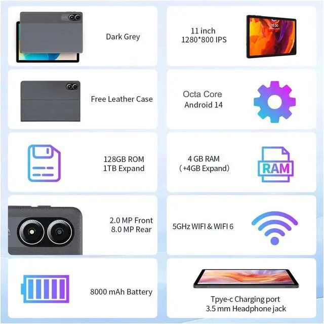 Alt view image 2 of 5 - PRITOM TAB15 Lite 11 Inch Tablet Android 14, HD IPS Display, 5Ghz WiFi, Octa-Core, 128 GB, Tablet with Leather Case, Long Battery Life, BT, Double Box Speakers, Solid Gray