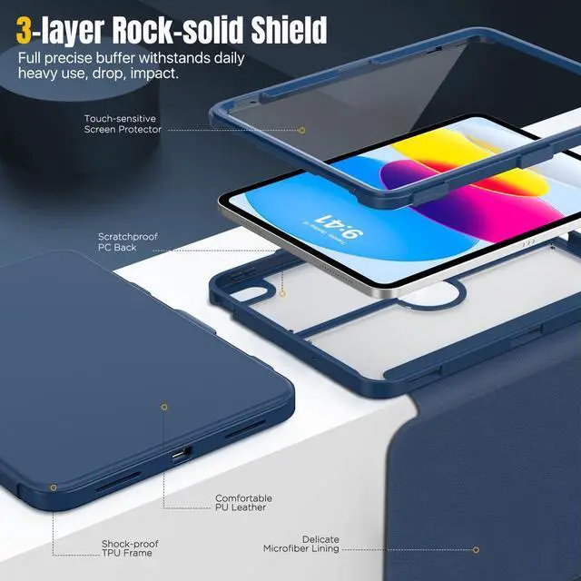 Alt view image 3 of 5 - MoKo for iPad 11-inch (A16) 11th Generation Case 2025/ iPad 10th Generation Case with Pencil Holder 2022 10.9 inch, Built-in Screen Protector Clear Back, Multi Angle Viewing Stand, Dark Sea Blue