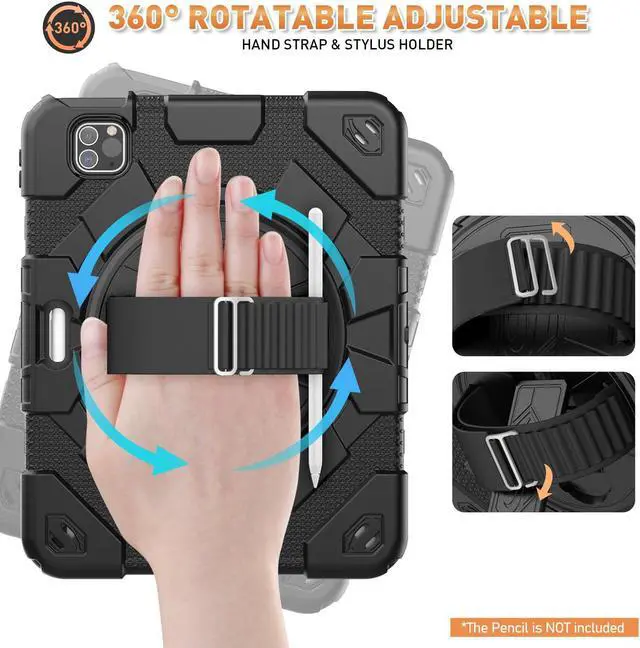 Alt view image 5 of 5 - Timecity for iPad Air 5th/ 4th Generation Case 10.9 inch, for iPad Pro 11 inch Case: with Strong Protection, Screen Protector, Hand Strap, Shoulder Strap, 360deg Rotating Stand - Black