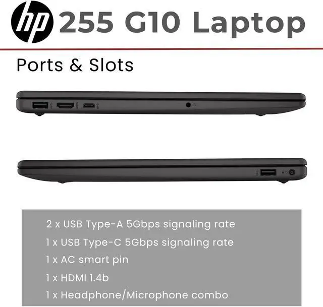 Alt view image 5 of 5 - HP 255 G10 15.6" FHD Business Laptop, AMD Ryzen 7 7730U, 16GB RAM, 512GB PCIe SSD, Numeric Keypad, Webcam, Wi-Fi 6, HDMI, Windows 11 Pro, Black