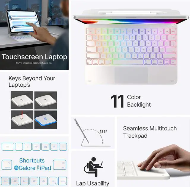 Alt view image 3 of 5 - typecase Keyboard Case for iPad Pro 13-inch (M4) 2024,Magic Keyboard with 11 Colors Backlight for iPad Pro 13,Keyboard Case with Pencil Holder,Multi-Touch Trackpad, Easy-Set Magnetic Stand,(White)