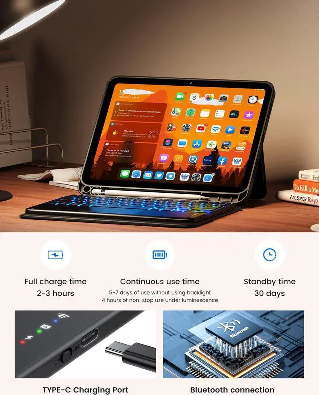 Alt view image 4 of 5 - INFILAND Keyboard Case for iPad (A16) 11th Gen 11" (2025) & iPad 10th Gen 10.9" (2022), 7-Color Backlight, High Precision Trackpad, Slim Detachable Folio Keyboard Case with Pencil Holder, Black