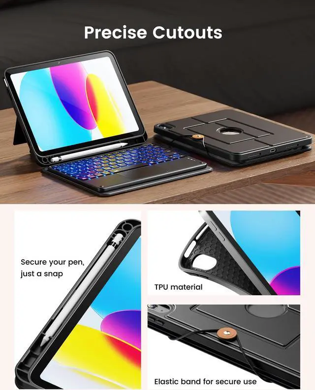 Alt view image 5 of 5 - INFILAND Keyboard Case for iPad (A16) 11th Gen 11" (2025) & iPad 10th Gen 10.9" (2022), 7-Color Backlight, High Precision Trackpad, Slim Detachable Folio Keyboard Case with Pencil Holder, Black
