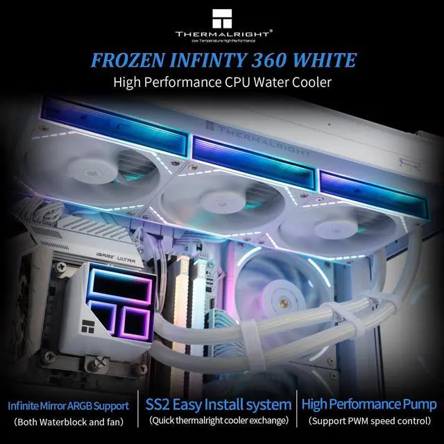 Alt view image 2 of 5 - Thermalright Frozen Infinity 360 WHITE CPU Water Cooler, with Triple 124mm Infinity Mirror PWM Fans,for Intel 1150/1151/1200/2011/ 1700/1851&AMD/AM4/AM5,360 Size Infinity Mirror Water Cooling Radiator