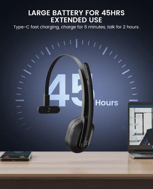 Alt view image 4 of 5 - EKSA H5SE Bluetooth Headset, Wireless Headset with Microphone ENC Noise Cancellation [45hrs Playtime & 33ft Range], Wireless Business Headphones for Office/HomeOffice/Remote Work/Call Center