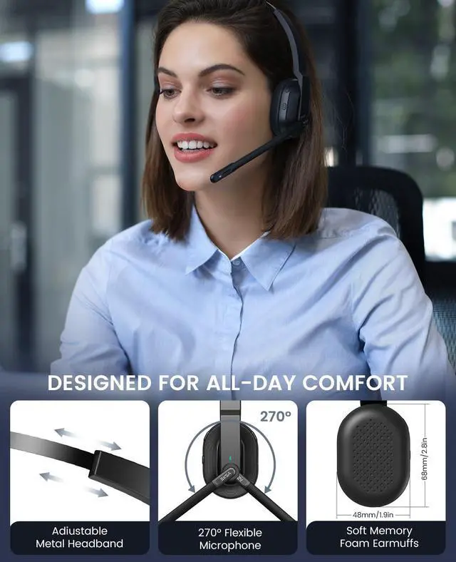 Alt view image 5 of 5 - EKSA H5SE Bluetooth Headset, Wireless Headset with Microphone ENC Noise Cancellation [45hrs Playtime & 33ft Range], Wireless Business Headphones for Office/HomeOffice/Remote Work/Call Center