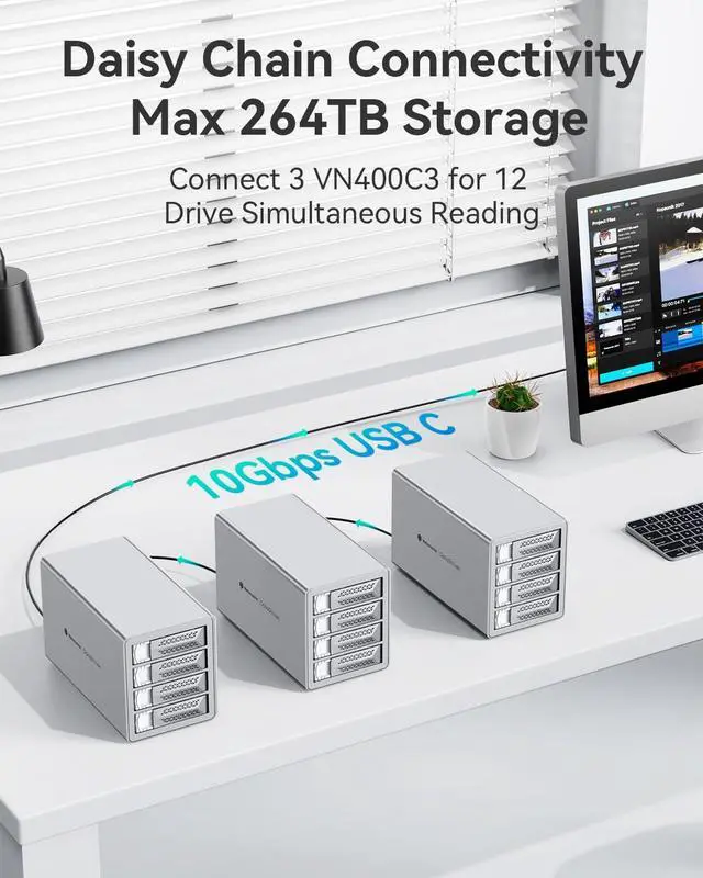 Alt view image 3 of 5 - Yottamaster VN400C3 4 Bay Hard Drive Enclosure, 10Gbps Daisy-Chain 4 Bay DAS, Aluminum USB C DAS Enclosure Support 88TB (4x22TB), Max Up to 264TB for 2.5" & 3.5" SATA HDD/SSD (Diskless)