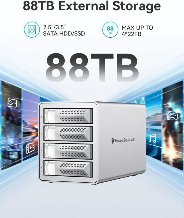 Alt view image 2 of 5 - Yottamaster VN400C3 4 Bay Hard Drive Enclosure, 10Gbps Daisy-Chain 4 Bay DAS, Aluminum USB C DAS Enclosure Support 88TB (4x22TB), Max Up to 264TB for 2.5" & 3.5" SATA HDD/SSD (Diskless)